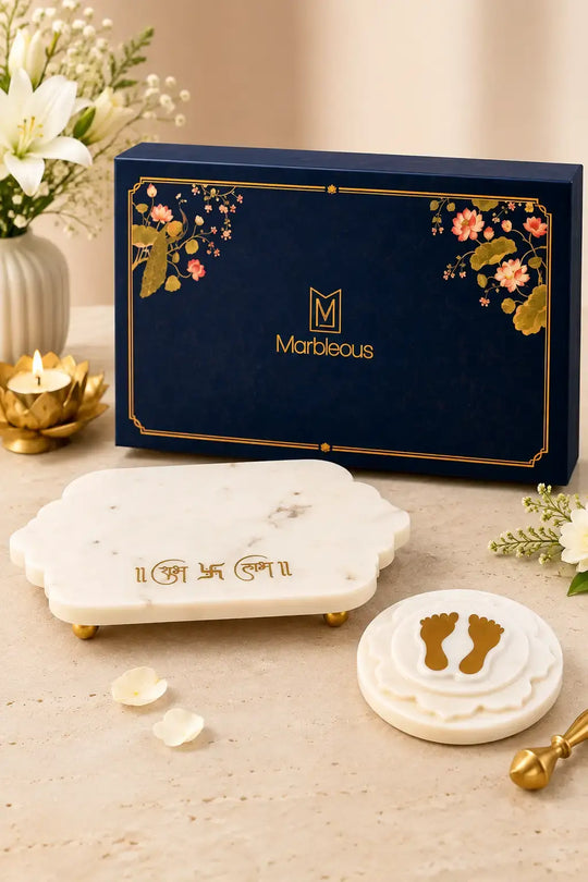 Marble Shubh Labh Tray & Marble Brass Footprint ( Choose Options) (With Gift Box)