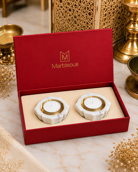 MARBLE LOTUS DIYA ( SET OF 2) (With Gift Box)