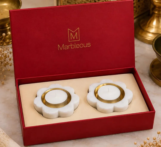 Marble Flower Diya For Diwali (Set of 2) (With Gift Box)