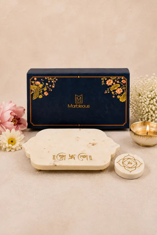 Marble Ganesh Chowki – With Engraving And a Marble Agarbatti Stand (With Gift Box)